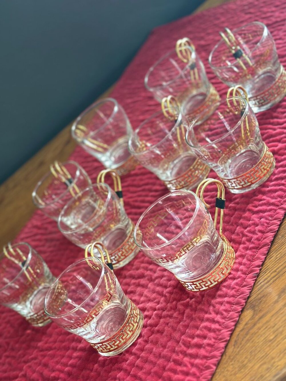 Vintage Libbey Continental Greek Key Glass Coffee Cups Gold Handles Set of 10